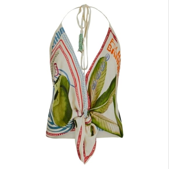 FARM Rio Tops - FARM RIO Our Stamps Tie-Front Halter  Blouse Top